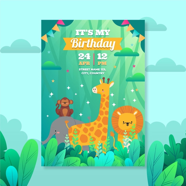 ベクトル 平らな動物の誕生日の招待状のテンプレート
