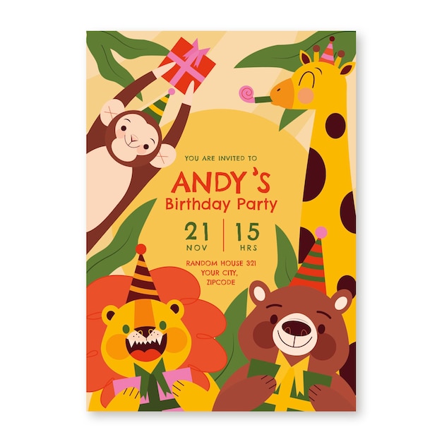 Vector flat animals birthday invitation