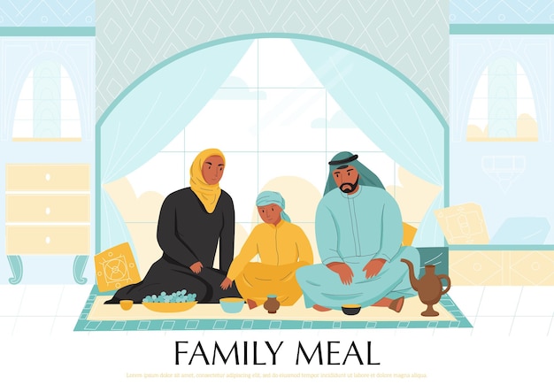Illustrazione piatta del pasto in famiglia araba