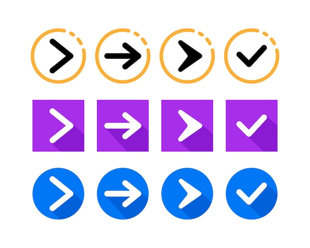 Flat arrow right direction en check mark icons Set cirkelvormige vierkant en afgeronde stijlen