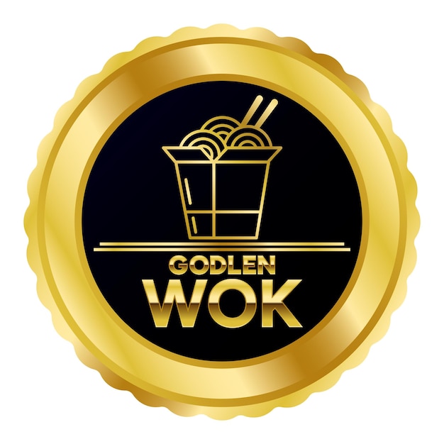 Flat asian food. golden wok stamp logo vector illustration