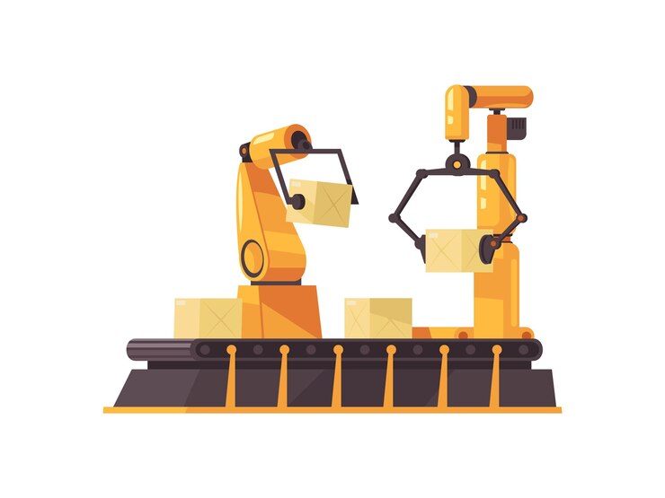 Vector flat automated robotic arms packing boxes on conveyor belt