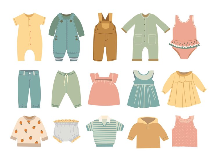 Vector フラットベビー服幼児ドレス居心地の良い子供スタイリッシュなコートとアパレルのクリップアート子供っぽいジャケット新生児のかわいい上品なボディスーツベクトルセットの着用
