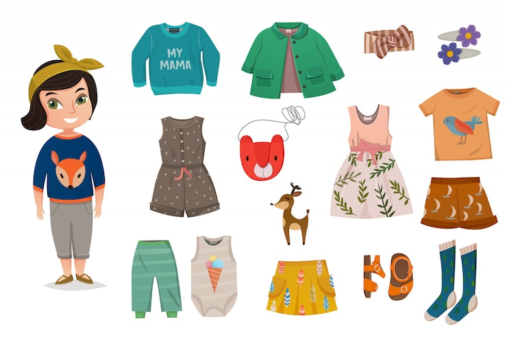 Вектор плоский baby girl fashion icon set