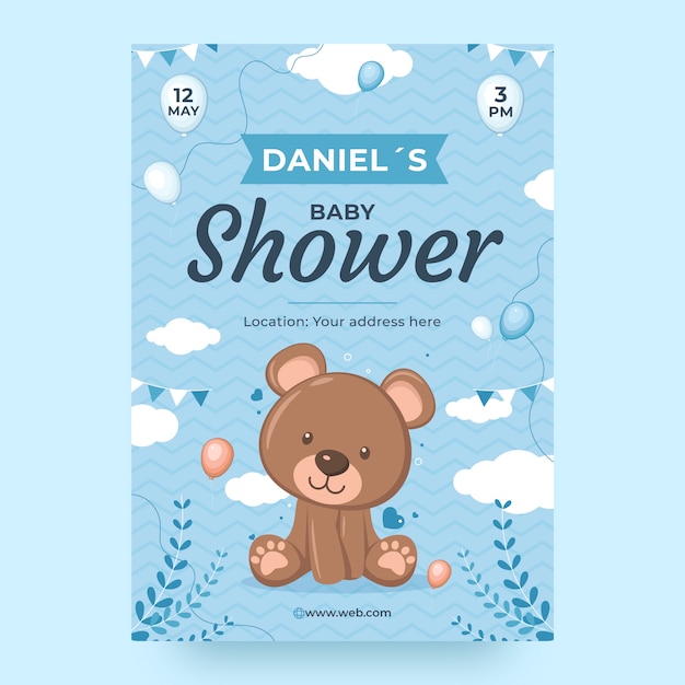 Vettore baby shower piatto per modello poster ragazzo