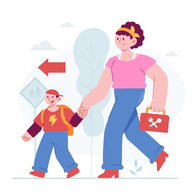 Flat Back to school concept vector Иллюстрационная идея родительского урока ходьбы для обучения знаниям