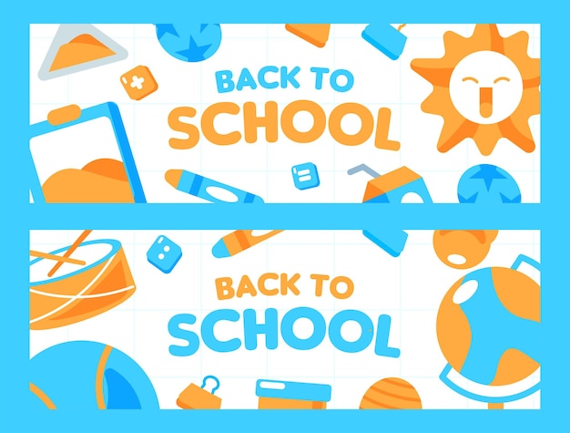 Flat back to school horizontal banner template with cute cartoon illustration