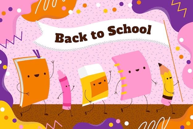 Vector flat back to school illustration with cartoon supplies