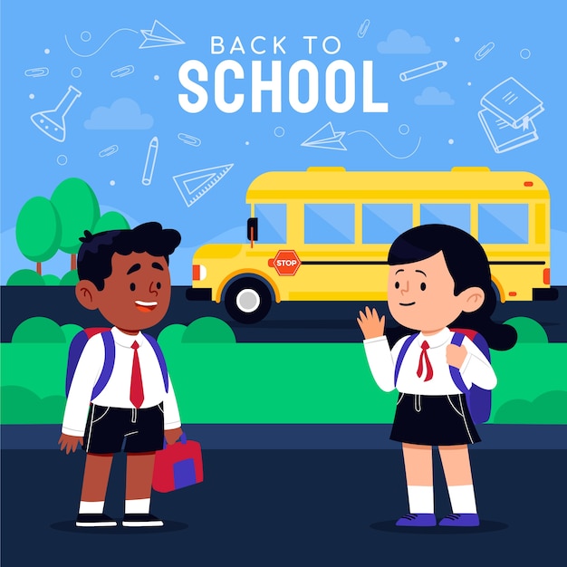 Illustrazione della schiena piatta a scuola con bambini e autobus