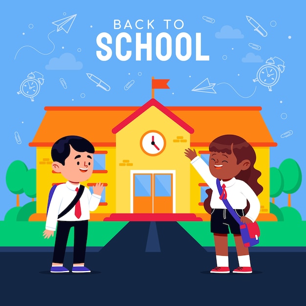 Vector flat back to school illustration with kids and school