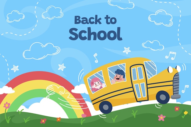 Vector flat back to school illustration with rainbow and bus