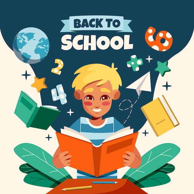 Vector flat back to school illustration with student reading book