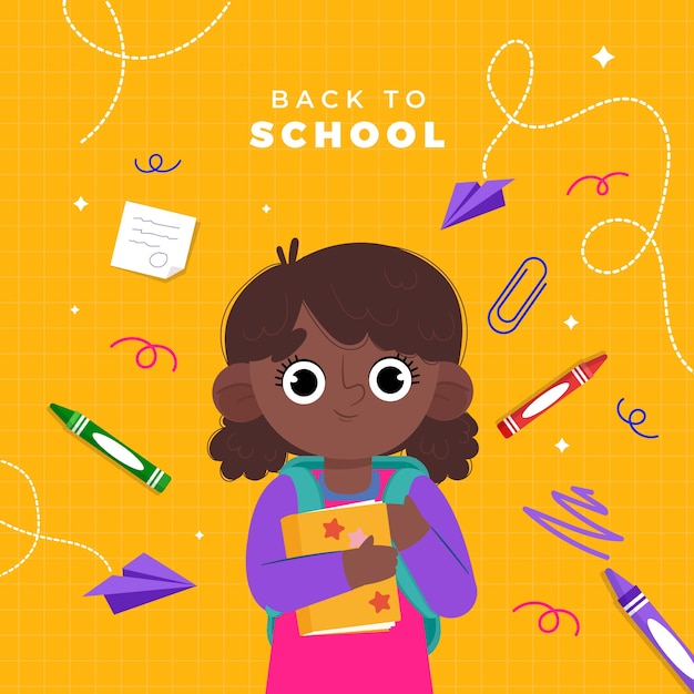 Vector flat back to school illustration with student and supplies