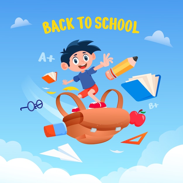 Vector flat back to school illustration with student and supplies