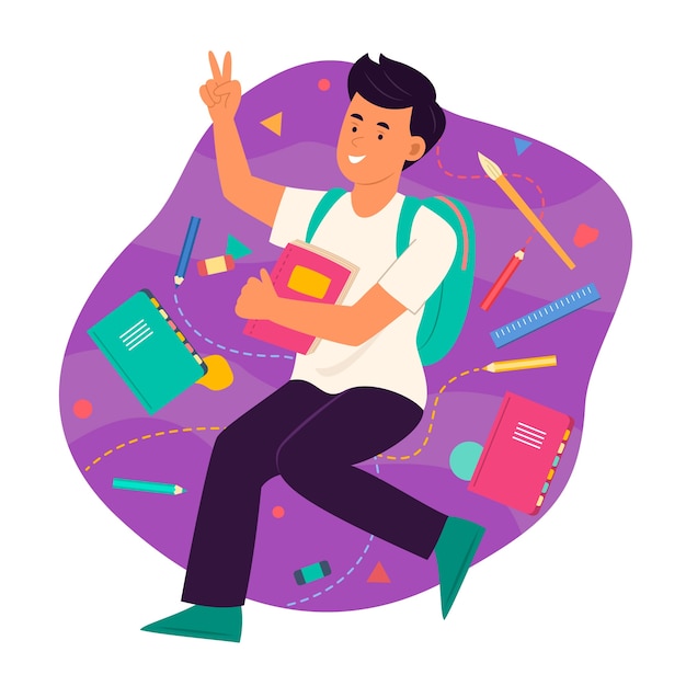 flat back to school illustration with student and supplies