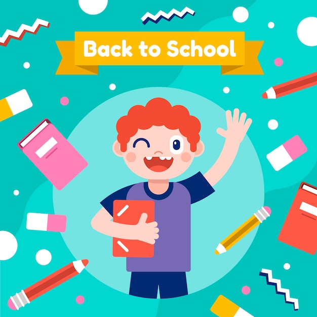 Vector flat back to school illustration with student waving and winking