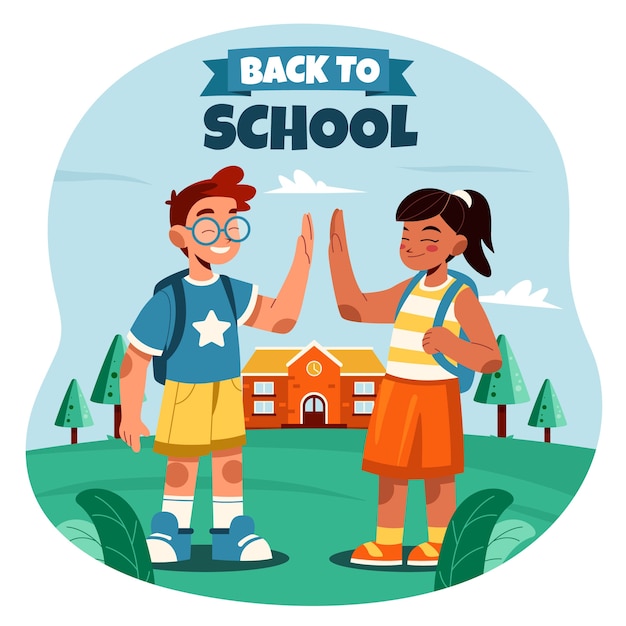 Vector flat back to school illustration with students high-fiving each other