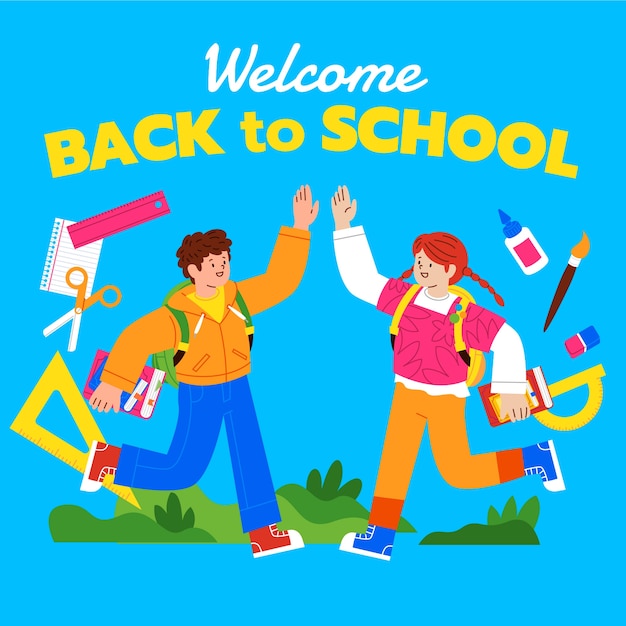 Flat back to school illustration with students high-fiving