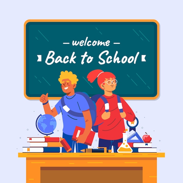 Vector flat back to school illustration with students