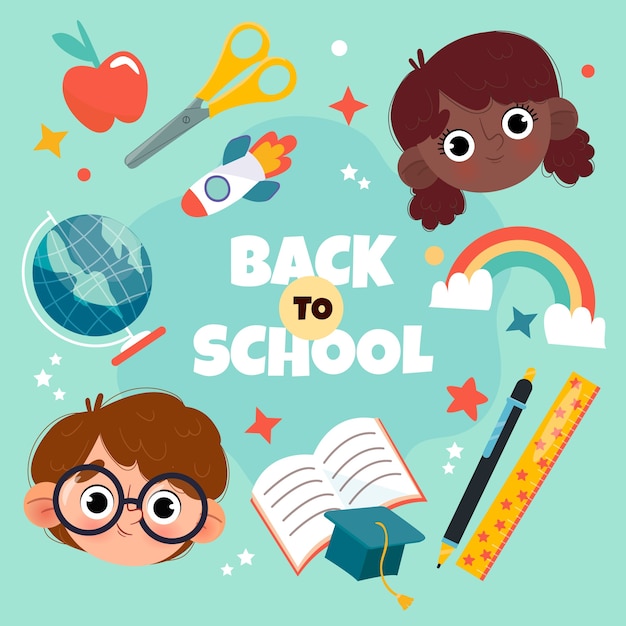 Flat back to school illustration with supplies and students