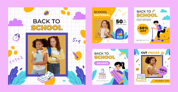 Vector flat back to school instagram posts collection