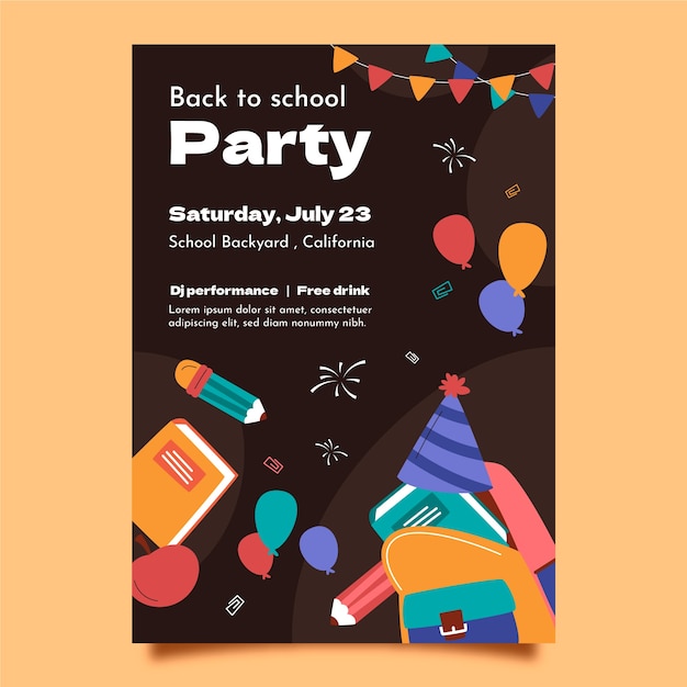 Flat back to school party poster template with balloons and school essentials