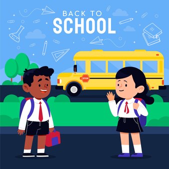 아이들과 버스가 있는 평평한 학교 삽화로 돌아가기