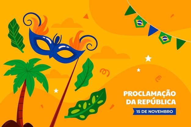 브라질의 마스크와 나뭇잎이 있는 공화국 선언을 위한 평평한 배경