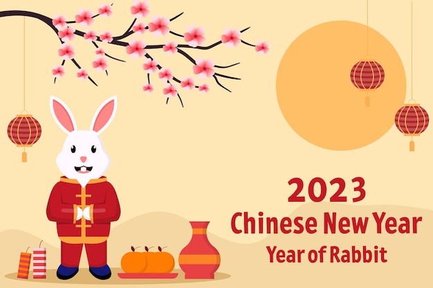 Flat background for chinese new year with rabbit