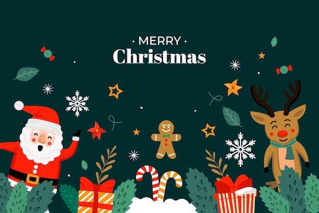 Flat background for christmas season celebration with santa and reindeer