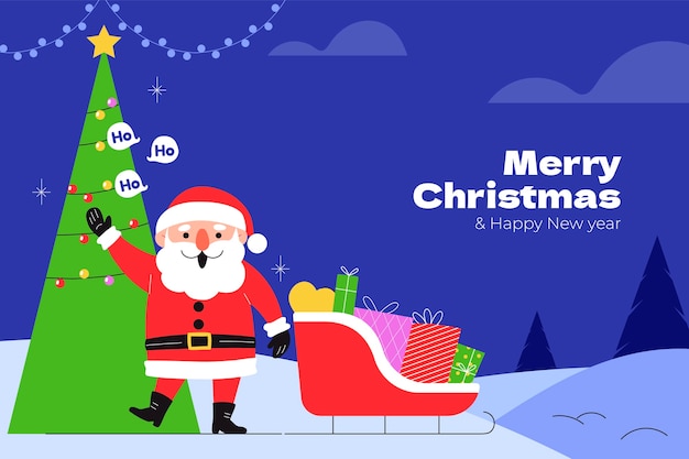 Flat background for christmas season celebration with santa and sleigh of presents