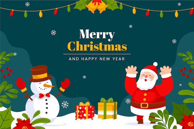 flat background for christmas season celebration with santa and snowman