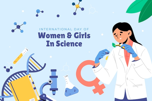 ベクトル 科学における女性と女の子の国際デーのフラットな背景