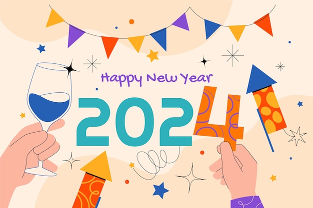 Flat background for new year 2024 with hands holding numbers and drinks