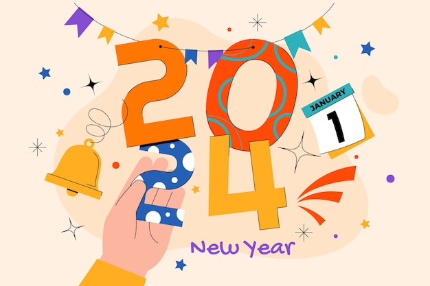 Vector flat background for new year 2024 with hands holding numbers