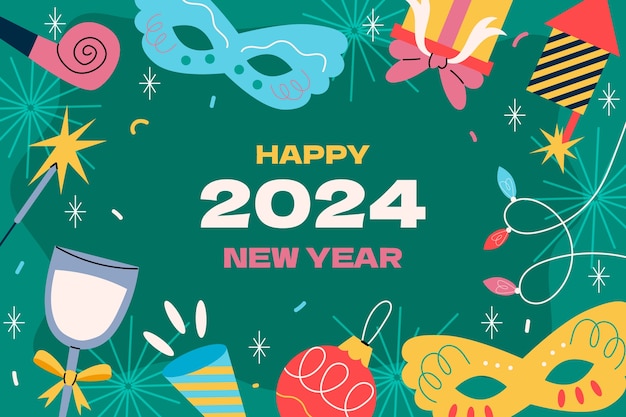 2024 年の新年のマスクとプレゼントのフラット背景