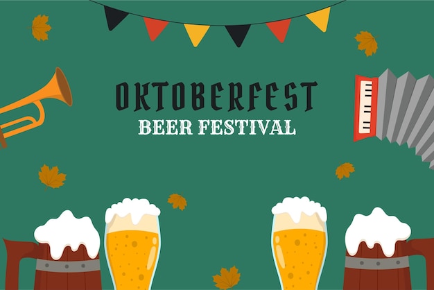 Flat background for oktoberfest celebration A mug of beer a bottle of beer a pretzel a sausage