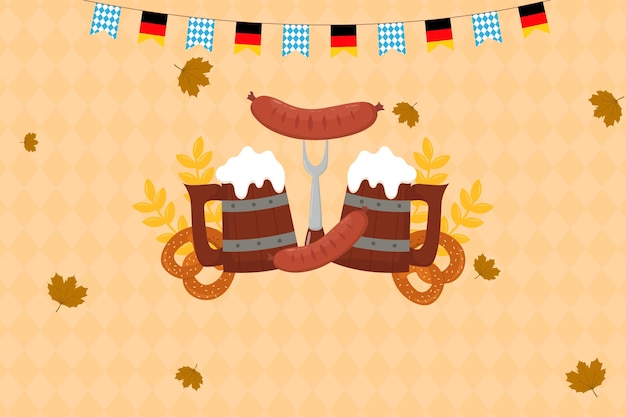 Flat background for oktoberfest celebration A mug of beer a bottle of beer a pretzel a sausage