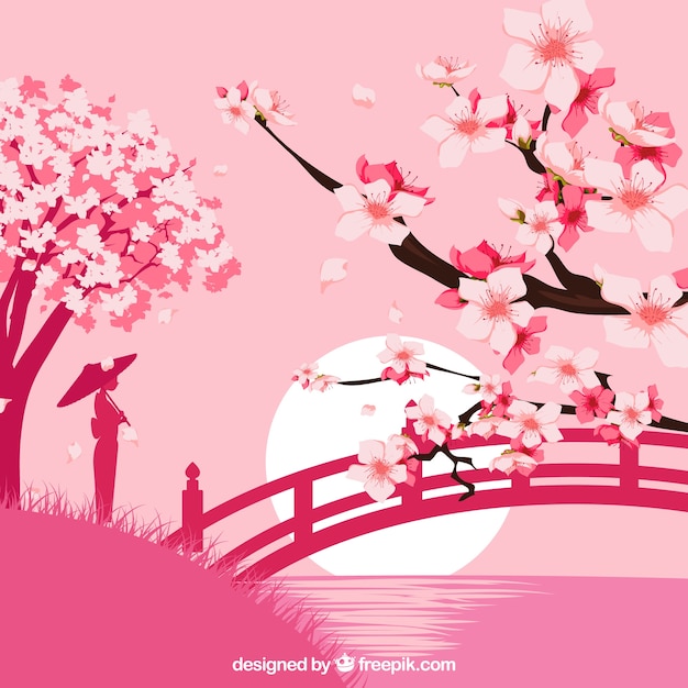 Плоский фон с вишневым цветком