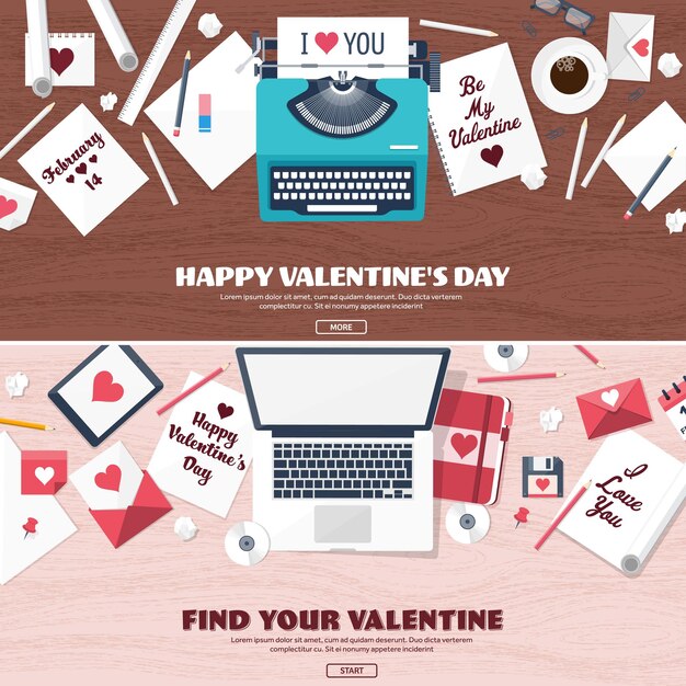 Vector flat background with typewriter love hearts valentines day be my valentine february vector