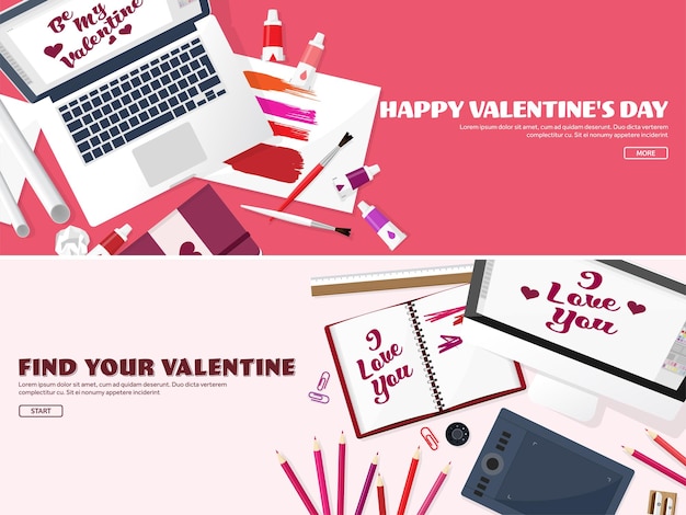 Vector flat background with workplace love and hearts valentines day be my valentine february vector