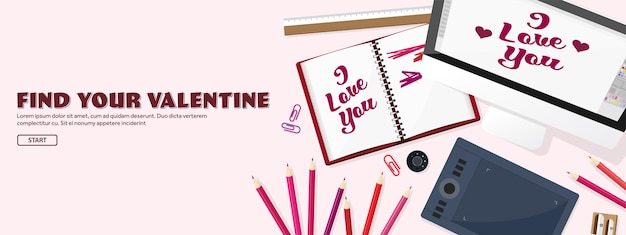 Sfondo piatto con luogo di lavoro amore e cuori valentine essere il mio valentine febbraio vettore