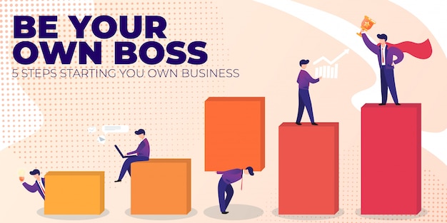 Flat banner be your own boss on pink background.