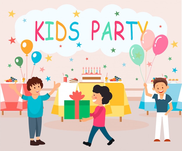 Vector flat banner is written kids party illustration.