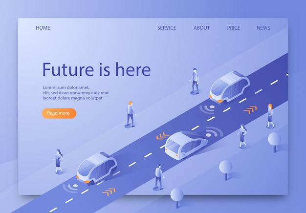 Flat banner isometric is written future is here.