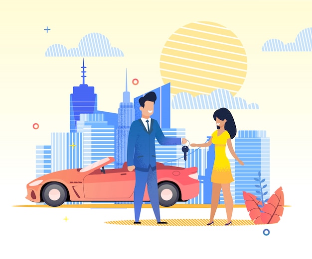 Vector flat banner man passes car keys woman in dress.