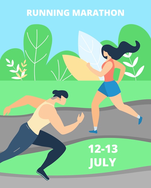 Flat banner running marathon lettering cartoon