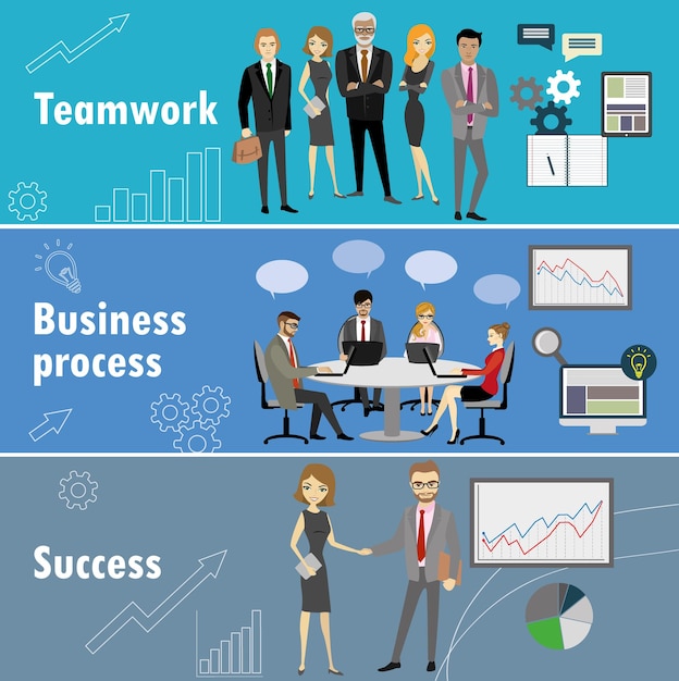 Flat banner set with teamwork business process and success stock vector illustration