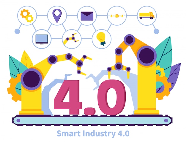 Плоский баннер письменный smart industry 4.0 надписи.