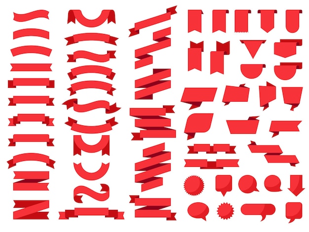 ベクトル フラットバナー。カーリーリボンコレクションタグ装飾フラグ最近のベクトル色セット。赤いテープ、タグラベルスクロール、バッジカールステッカーイラスト